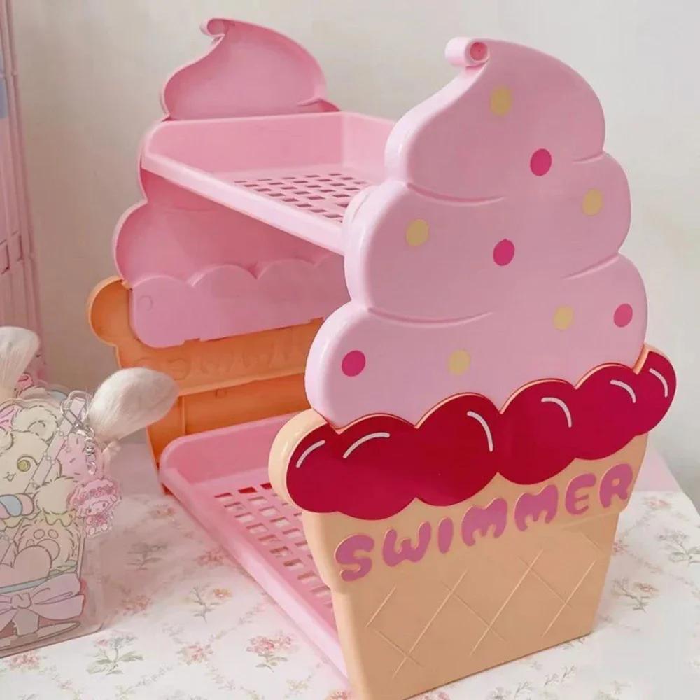 Double Layer Shelf Ice Cream Pink Girl Heart Desktop Ins Style Plastic Storage Rack Cute Student Bedroom Dormitory Storage Box
