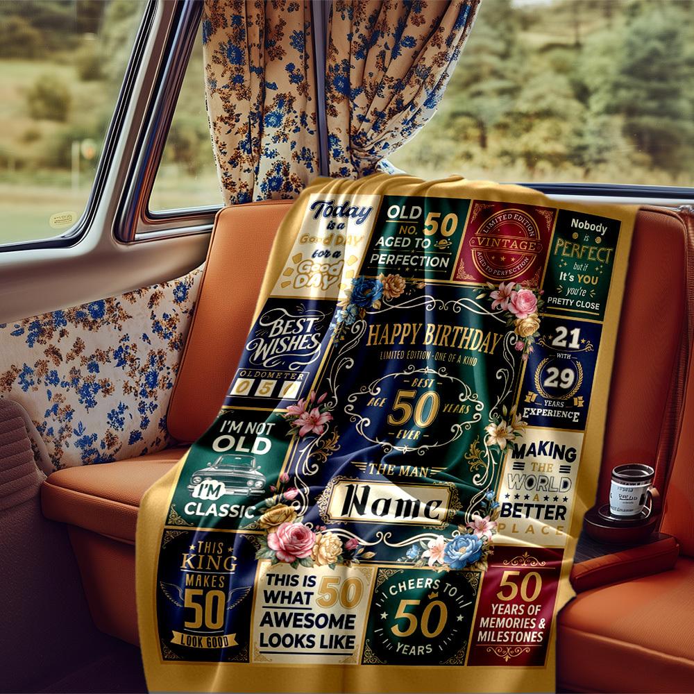 Golden Milestone Celebration Blanket Personalized Name Soft Comfortable Stylish Blanket Car Blanket Perfect For Travel Camping Outdoor Home Suitable