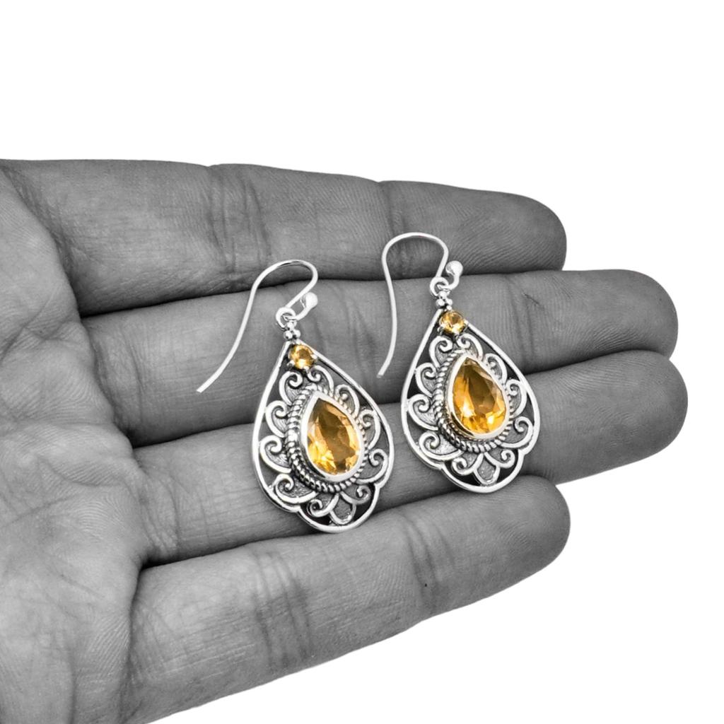 Vintage Sterling Silver Teardrop Citrine Earrings – Handmade Boho Yellow Gemstone Dangle Jewelry for Women
