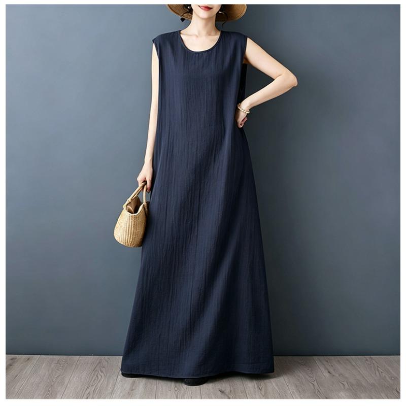 DIMANAF 2026 New Women Plus Size Summer Vintage Lady Long Dress Sleeveless Vest Loose Oversize Maxi Sundress Solid Cotton Linen