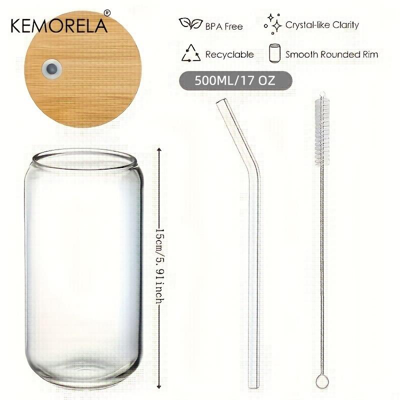 1/2/4PCS Glass Cups With Bamboo Lid and Straws 17oz Can Shaped Drinking Beer Glasses Iced Coffee Cups Ideal for Bubble Tea Juice