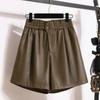 DIMANAF Nadměrná velikost 2024 Podzim Zima Nové PU Kůže Vysoký Pas Ležérní Šortky Dámské Volné Kalhoty s Širokými Nohavicemi Krátké Kalhoty