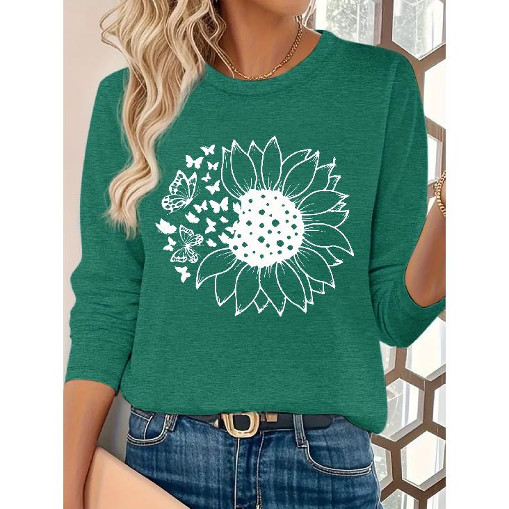 Elegant long-sleeved dress for women Sunflower and butterfly print round neck summer dress T Shirt Suitable for spring