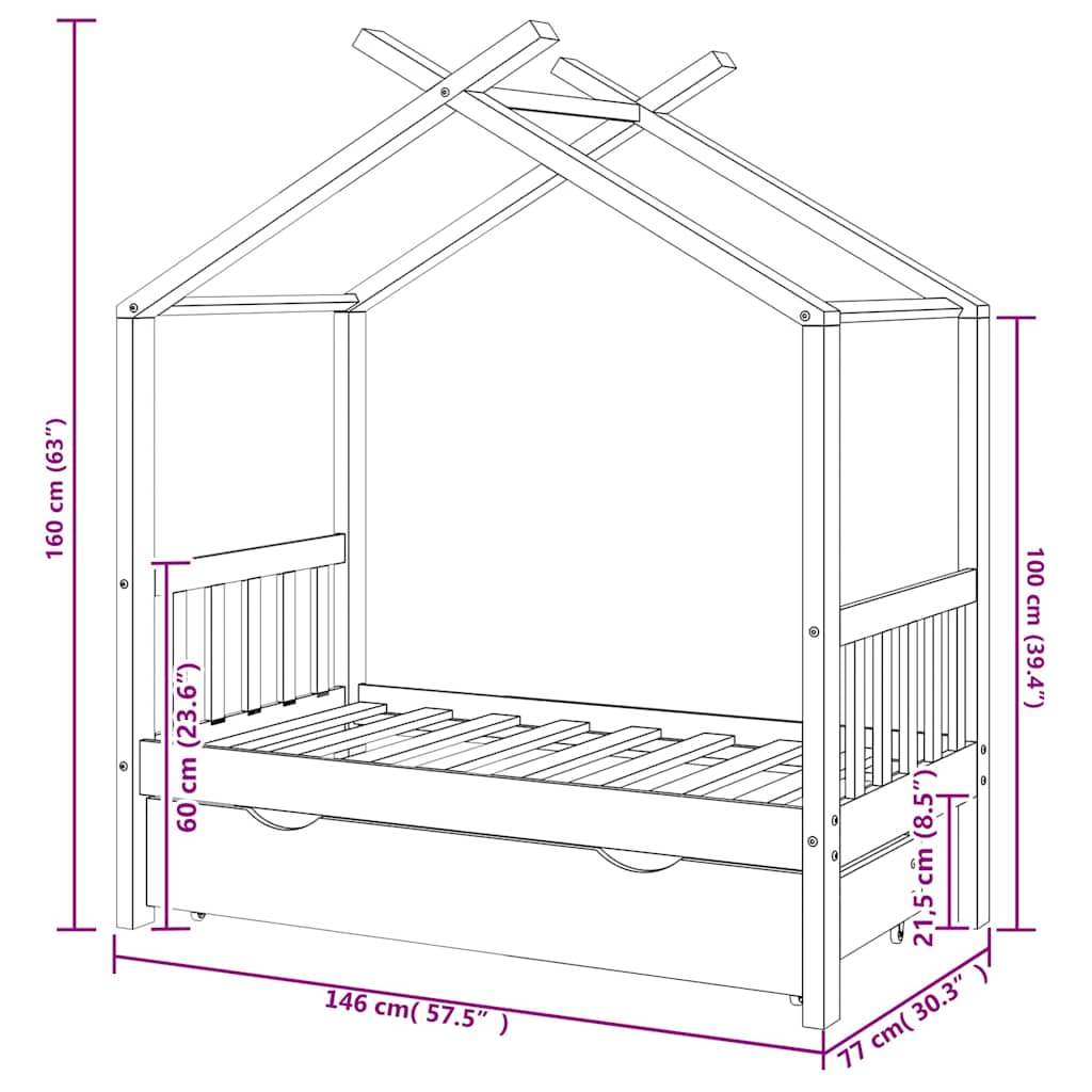 Vidaxl Children's Bed Frame with Drawer, White, Pine, 70X140 Cm