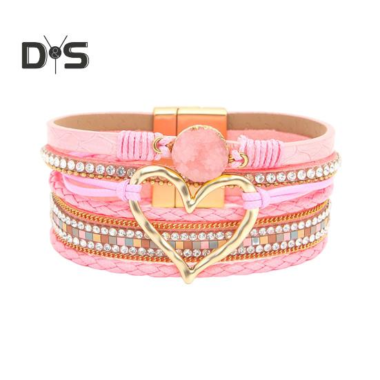 

Женский браслет, многослойный горный хрусталь, искусственная кожа, богемный стиль, плетеное сердце, легкие украшения на запястье, женский браслет, веревочный браслет розовый