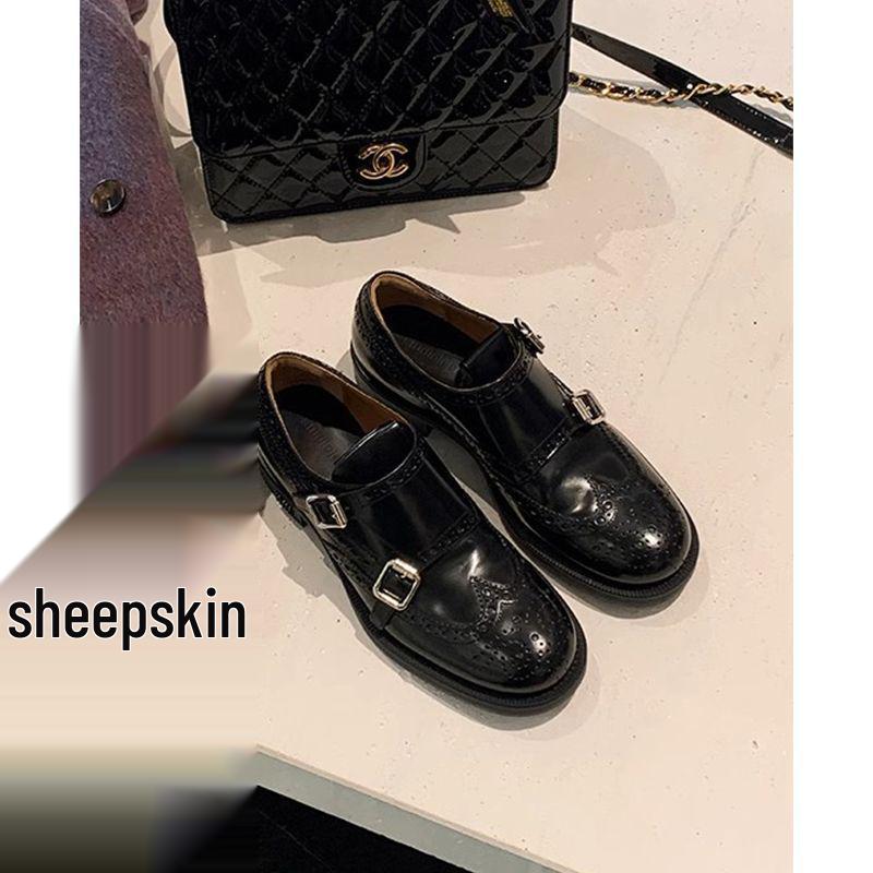 Women's Retro British-Style Genuine Leather Brogue Loafers with Round Toe and Chunky Heel for Autumn/Winter