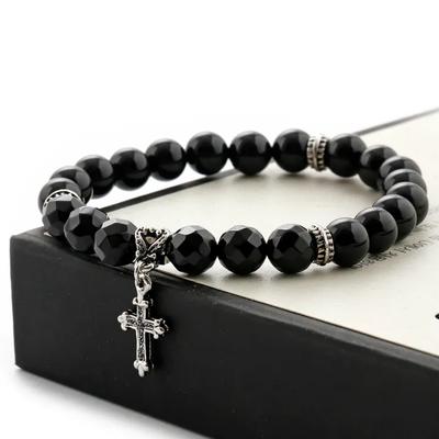 Natural Stone Black Cut Cross Onyx Bead Bracelet C22SVB-1002
