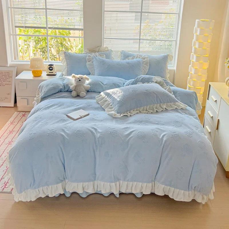 Warm Carved Milk Fleece Four-piece Winter Thickened Princess Wind Double-sided Fleece Bed Skirt Bed Sheet Bedding