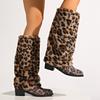 Leopard Print Faux Fur Knee High Boots Women Winter Fashion Warm Plush Long Boots Woman Slip On Chunky Heel Shark Botas De Mujer