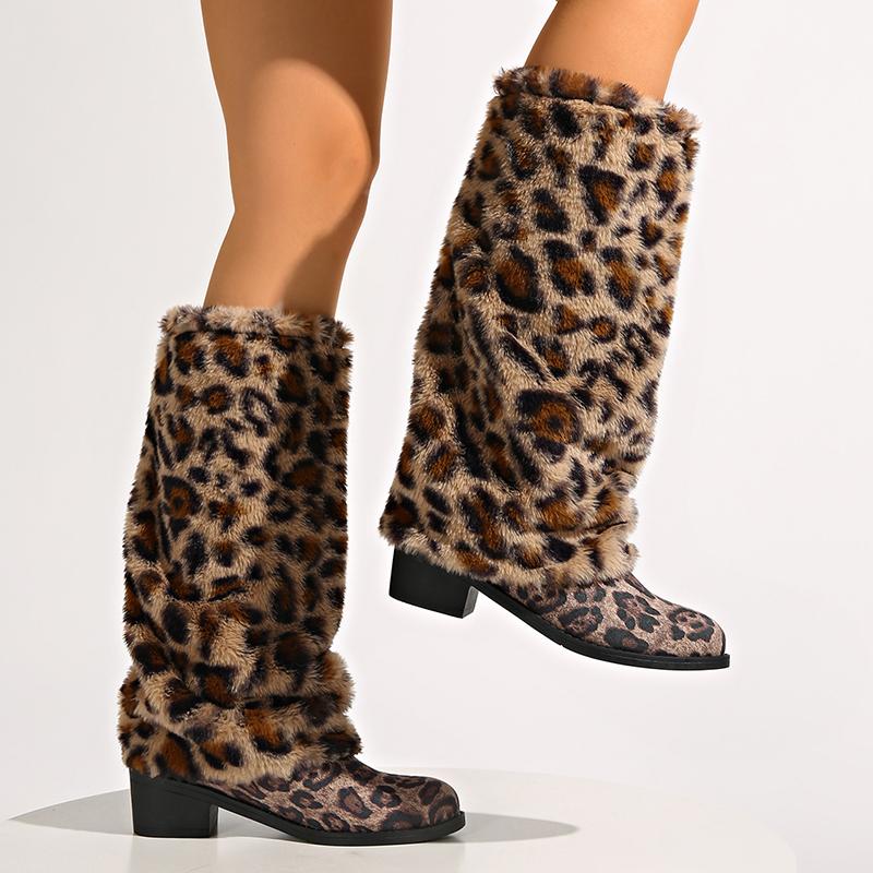 Leopard Print Faux Fur Knee High Boots Women Winter Fashion Warm Plush Long Boots Woman Slip On Chunky Heel Shark Botas De Mujer