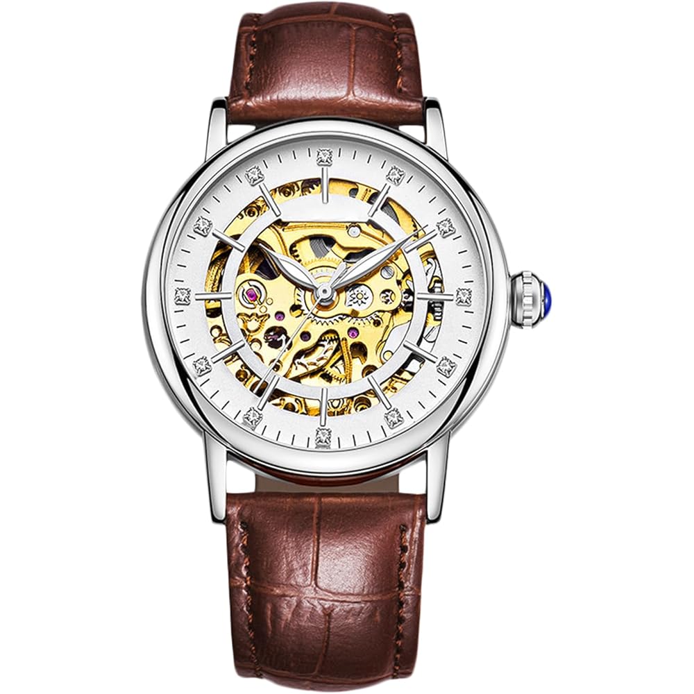 Rorios Women's Automatic Mechanical Watch Leather Skeleton Design Luminous Clover Business Watch White and Brown