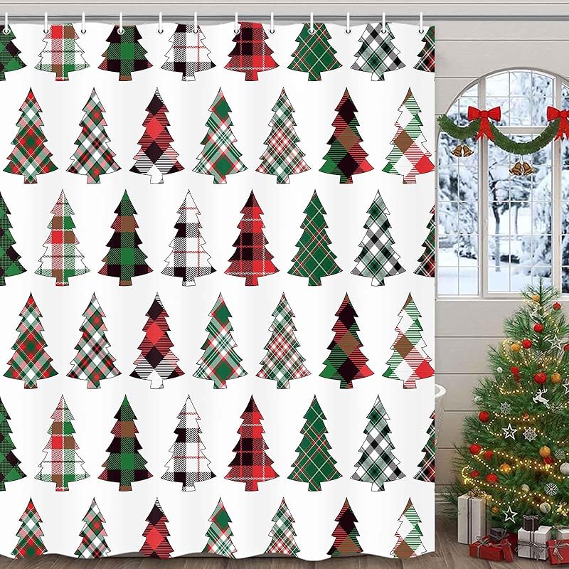 MERCHR Funny Christmas Santa Claus Shower Curtain, Christmas Tree Winter Forest Snowflake Bathroom Curtains, Durable Waterproof Fabric Shower Curtain