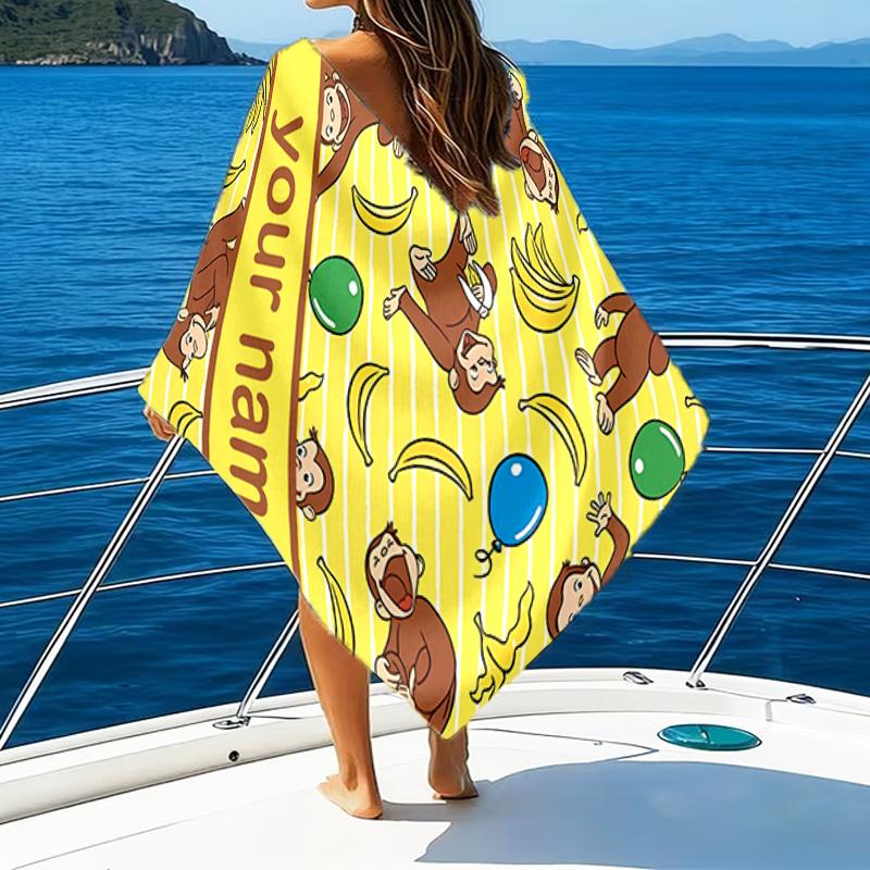 1pc Curious George1 Beach Towel with Custom Name, Beach/Swimming/Bath/Picnic/Camping Towel, Suitable for Seaside Beaches