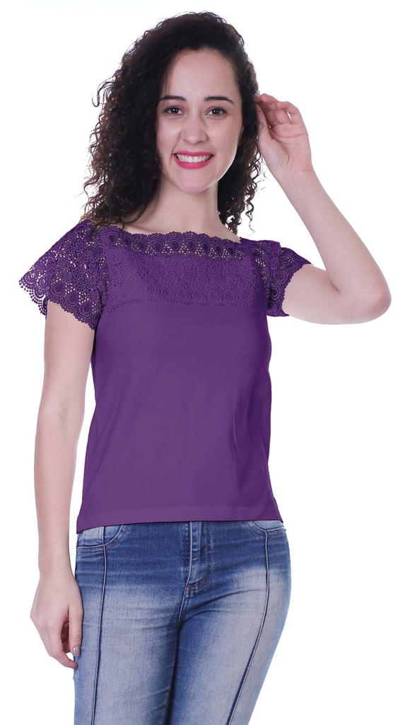 Moomaya Lace Sleeve Tops For Women Plain Boat Neck Tee Shirt