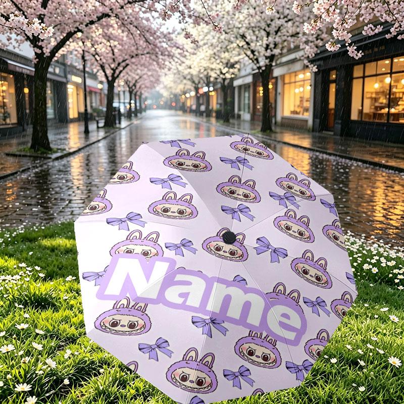 Custom Name Personalized Labubu Print Umbrella, Auto Open Close, 8‑Rib Sturdy Frame, Commute Camping Hiking Use, Birthday Gift