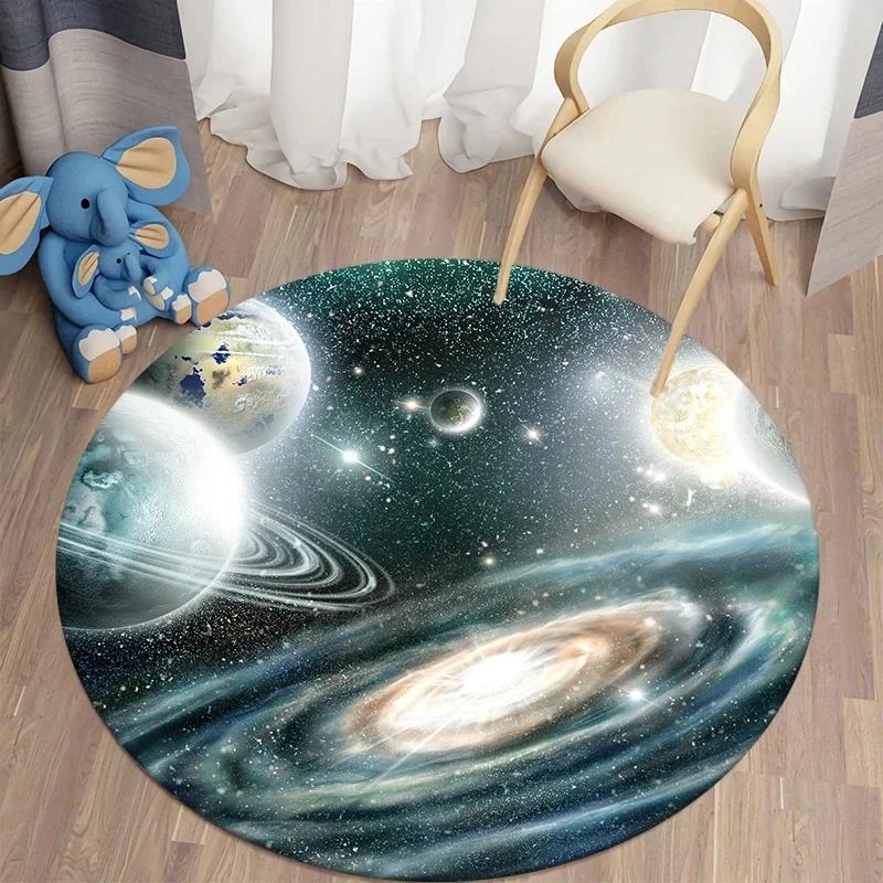 Crystal Velvet Galaxy Round Rug, Space Nebula Starry Print Non Slip Floor Mat for Bedroom, Playroom, Kids Room, Home Decor
