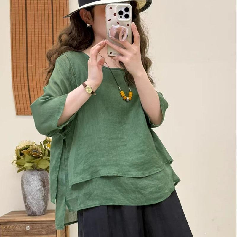 Women Green Square Neck Double Layer Three Quarter Sleeve Linen Blend Loose Blouse M зелёный