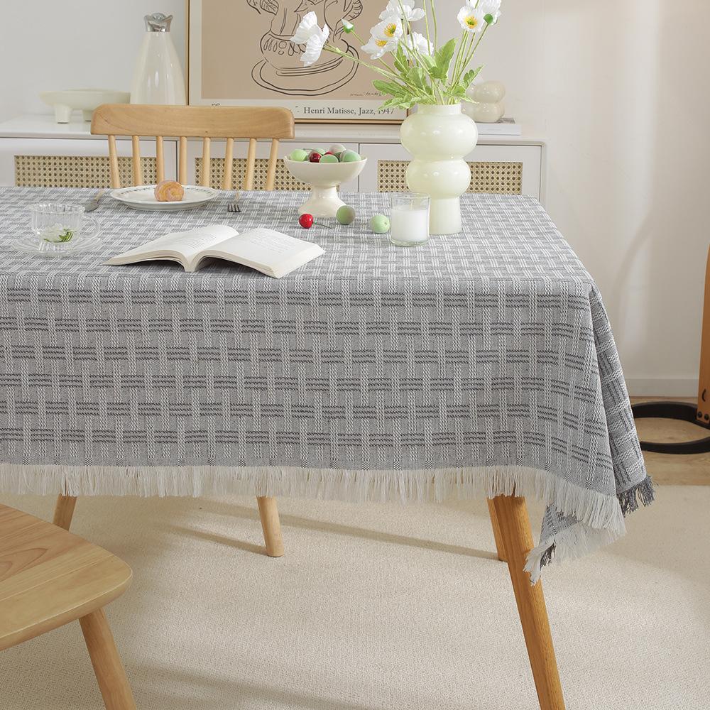 Französische Creme Baumwolle Leinen Tischdecke Waffelstruktur Rechteckig Esstischdecke Quastenrand Waschbar Bauernhaus Küche Couchtisch Abdeckung Dekoration