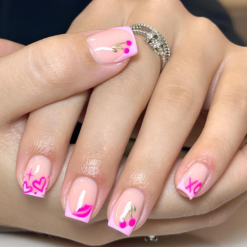 Valentine s Day Cherry Pink Heart Glossy Press-on Nails, Square Shape, 24 Removable Pieces.
