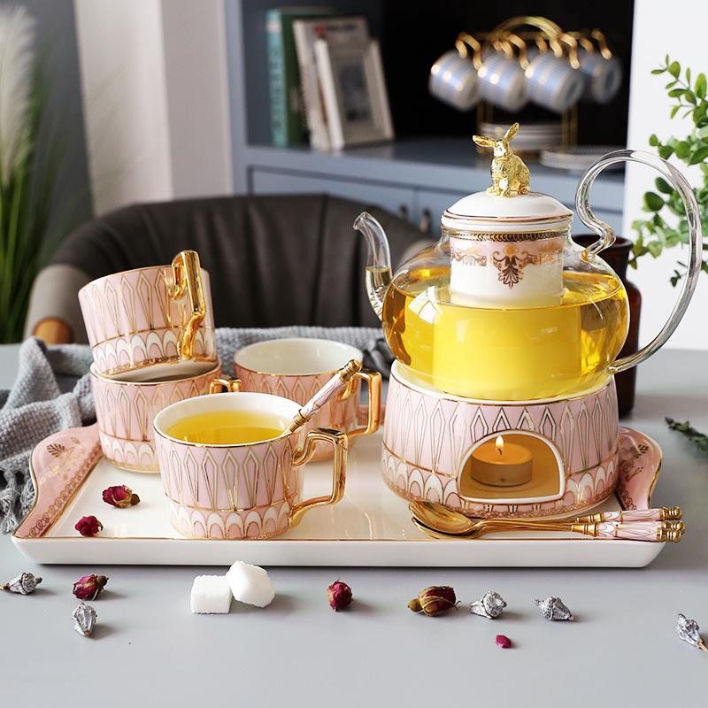 Ceramic Afternoon Tea Flower And Fruit Teacup Tea Set Household Flower Teapot Set Fruit Glass Pot With Filter Candle Heating