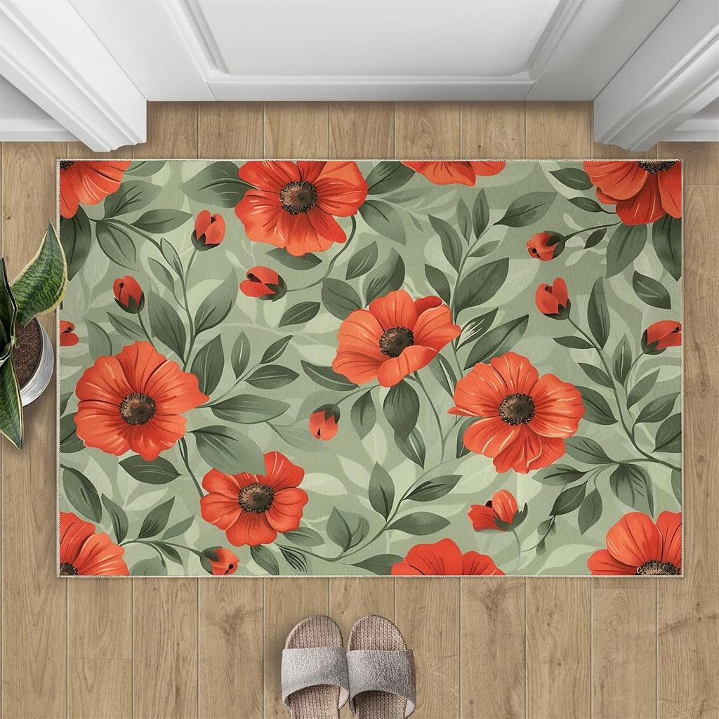 Boho Watercolor Floral Doormat Illustrated Style Flower Pattern Home Decor Carpet Soft Non-Slip Welcome Rug for Indoor Outdoor