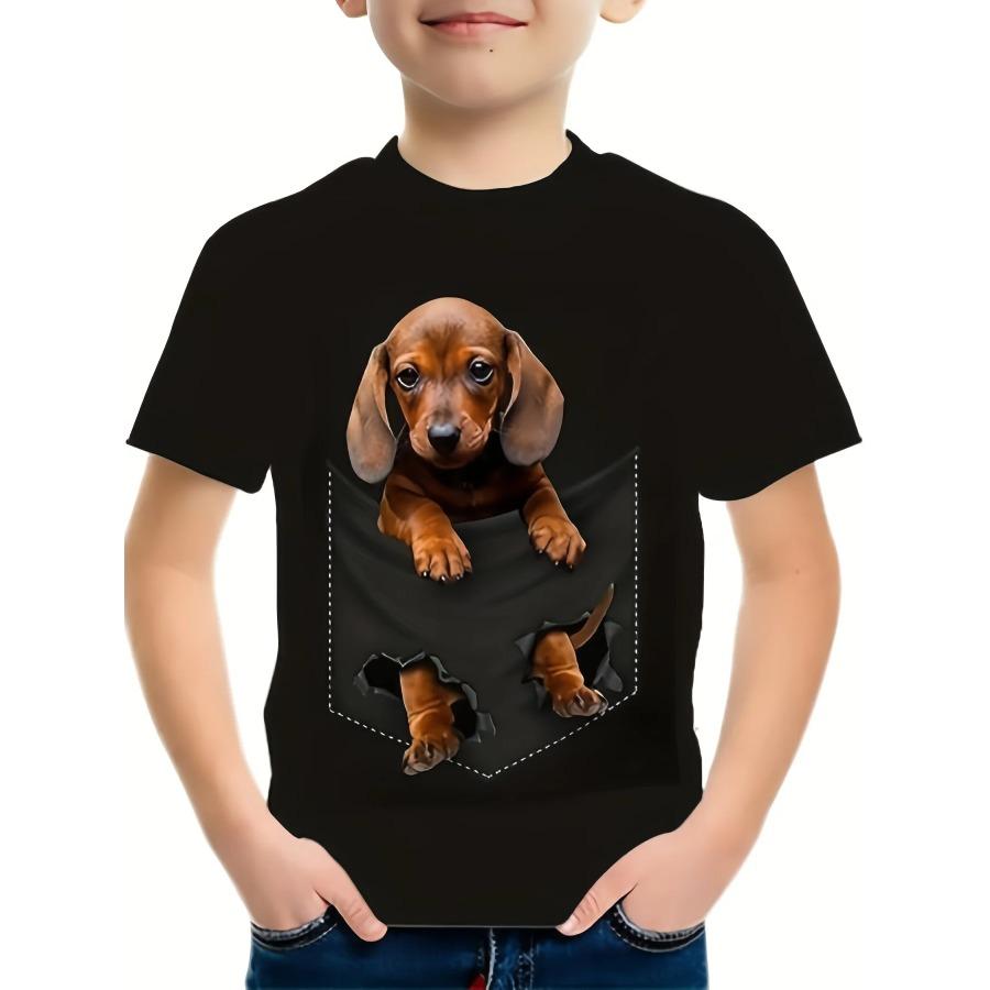 

Детская футболка с изображением собаки в кармане, 3D-принт, футболка для мальчика, топы для мальчиков и девочек, футболки с коротким рукавом, детская одежда, футболка с рисунком для мальчика 9-10Y