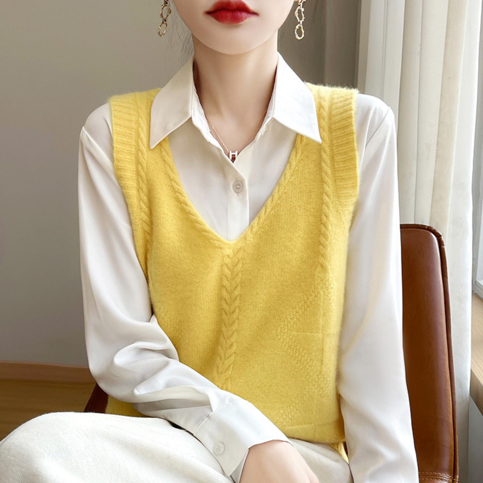 

Women s Fleece Knit Sweater Women s Vest Pullover Corsage V,Neck M жовтий