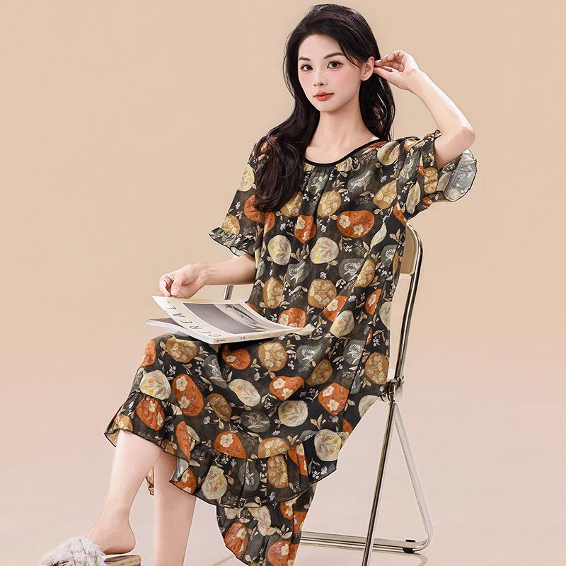 1011 spring and summer new oil painting style nightdress women's cotton and silk loose large size ruffle edge short-sleeved loungewear dress