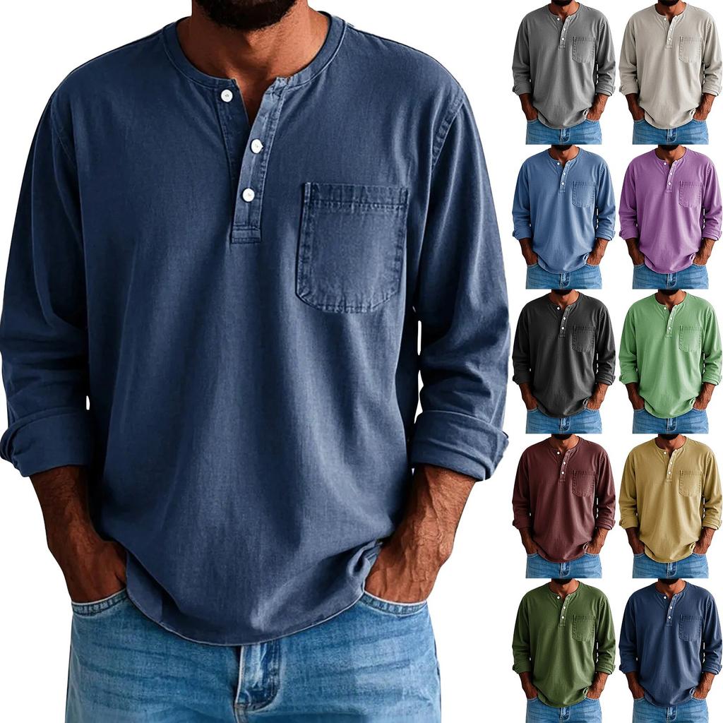 Men's Solid Color Distressed Button Collar Long Sleeve Tops Men's Casual Fashion Tops