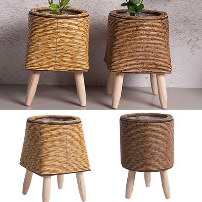 Blumenregal aus gewebtem Rattanimitat, handgefertigt, Aufbewahrungskorb mit abnehmbaren Holzbeinen, Blumentopfständer