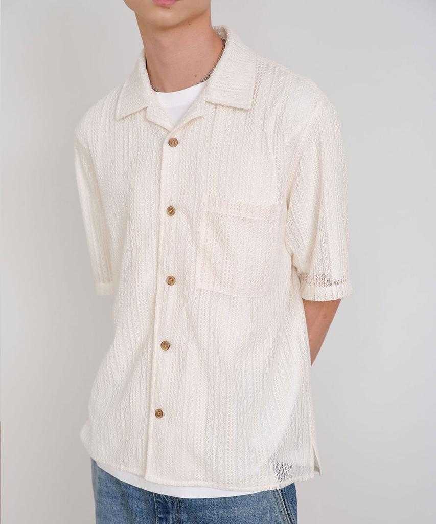SIECLE Open Collar Crochet Half Shirt (Ivory)