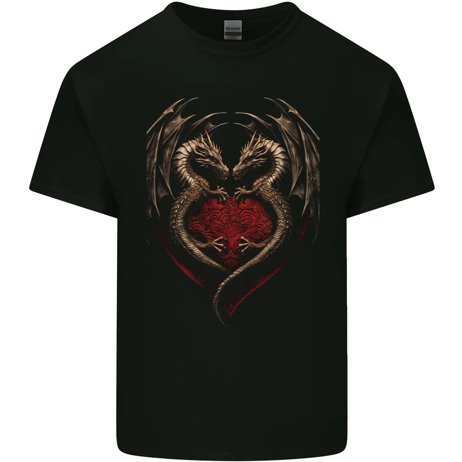 2 Fantasy Dragons in a Heart Shape Gothic Goth Kids T-Shirt Childrens L