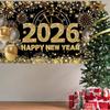 Black Gold Happy New Year 2026 Banner, New Years Eve 2026 Banner, NYE Party Decorations Photo Background for Boys, Girls, Friends, Celebrations Party