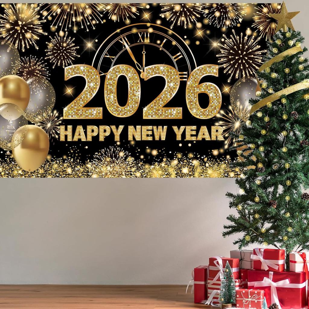Black Gold Happy New Year 2026 Banner, New Years Eve 2026 Banner, NYE Party Decorations Photo Background for Boys, Girls, Friends, Celebrations Party