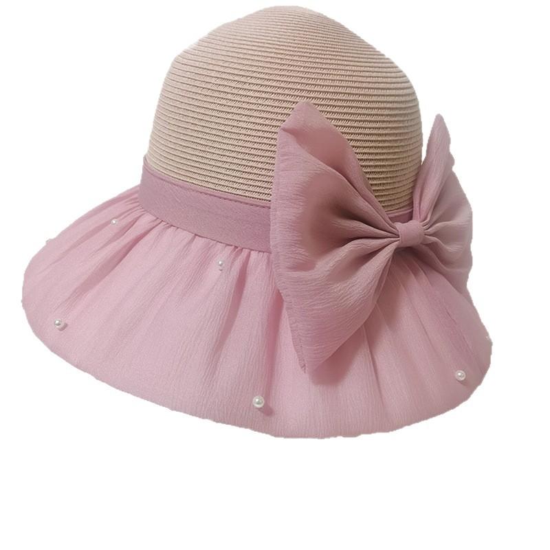 New summer mesh bow bucket hat women's big brim sun hat sun protection and UV protection sun hat