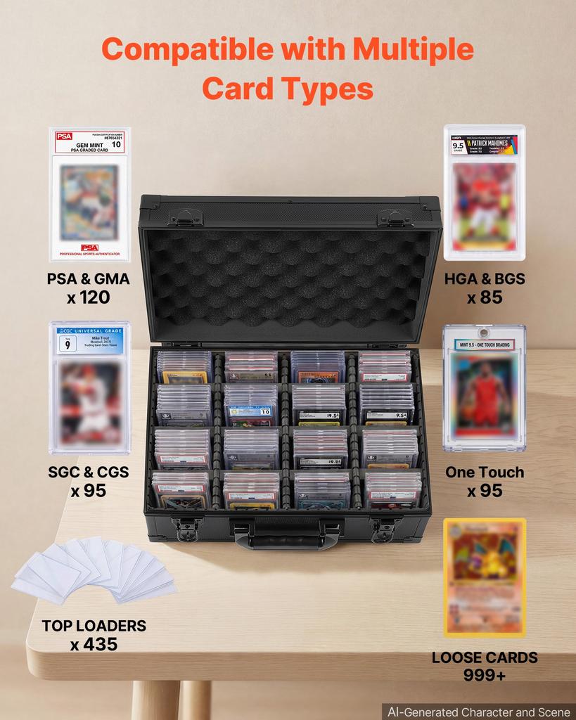 VEVOR Graded Card Case 4 Row 120 PSA Slab Storage Box with Secure Lock, Baseball Sports Trading Cards Holder Collector with 12 Dividers, Key