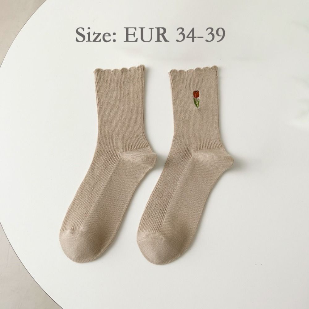 5pairs Crew Length Mid Tube Socks Tulip Floral Embroidery Ruffle Socking  Autumn Winter