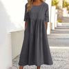 O-Neck Half Sleeve High Waist Pockets Casual Dress Women Pleated Flowy Hem Solid Midi Dress