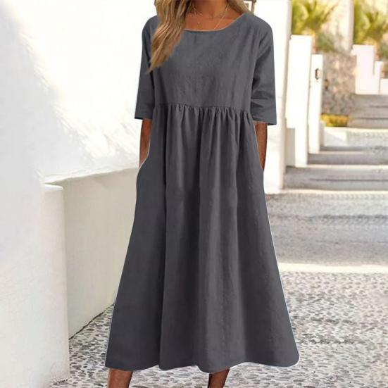 O-Neck Half Sleeve High Waist Pockets Casual Dress Women Pleated Flowy Hem Solid Midi Dress