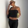 Women Casual Solid Strapless Sleeveless Top Flared Pants Two Piece Set
