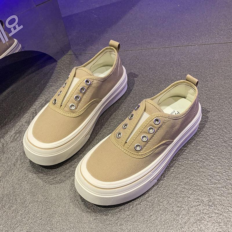 Thick-soled one-pedal canvas shoes for women's 2025 spring new versatile casual no-lace-up, not tired feet, white shoes, board shoes