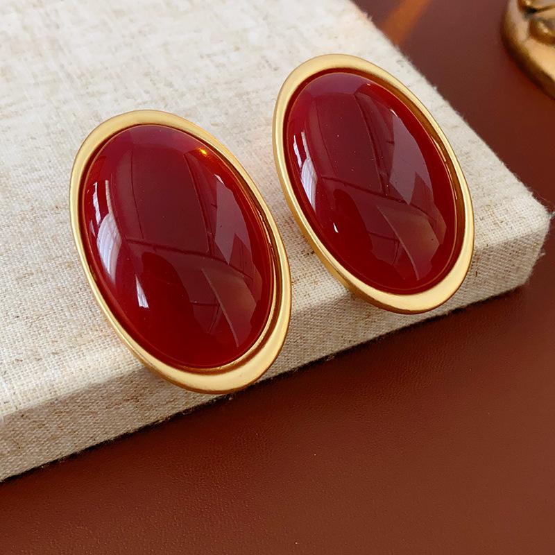 Vintage Red Resin Women's Earrings Stud Earrings Luxury large Geometric Oval earrings Party Wedding Ear Jewelry Wholesale