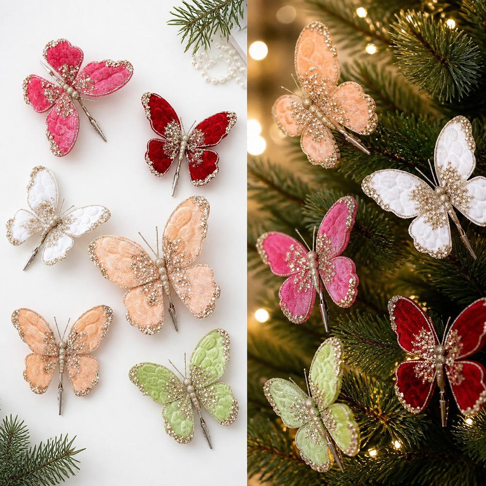 Sparkling Artificial Butterfly Clip Flocking Butterfly Decor Holiday Tree Decor