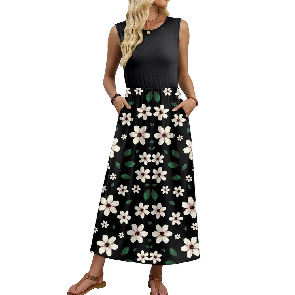 Sleeveless Floral Print Casual Dress for Women Waist Cinched Crew Neck Tank Long Maxi Dress for Daily Wear Vacation