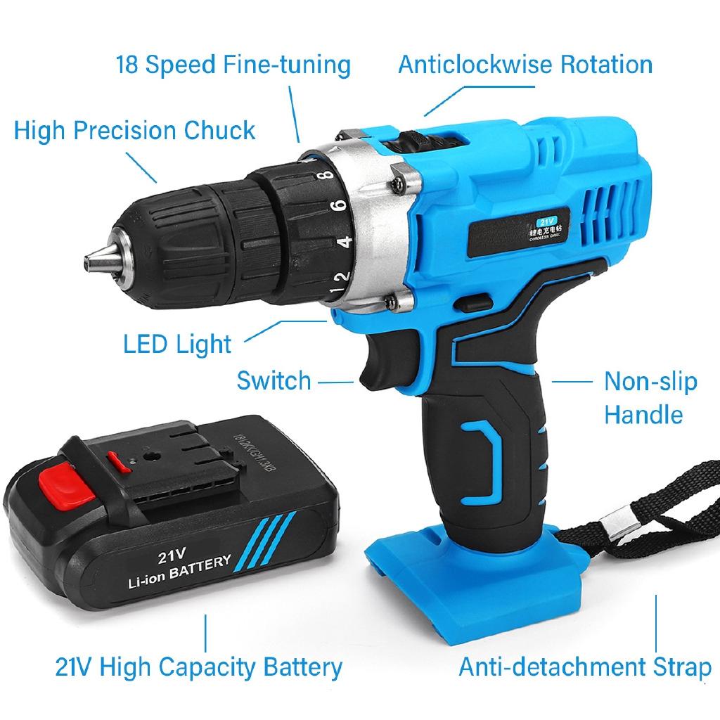 2200RPM Rechargable Double Speed Electric Screwdriver Kit 6500mAh Li-Ion 2Battery Electric Cordless Drill Power Tool 21V