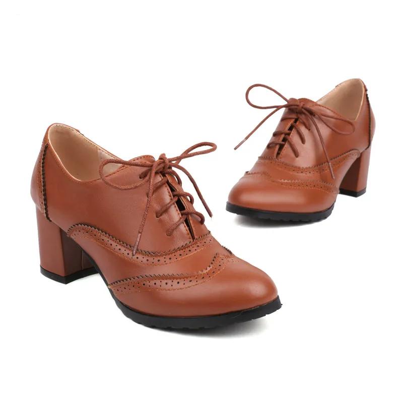 

Великий розмір 43 Жіночі оксфорди Ретро Високі Товсті Підбори Броги Сині Червоні Чорні Круглий Носок Вечірня Сукня Офісна Леді Британські Черевики на Шнурівці 37