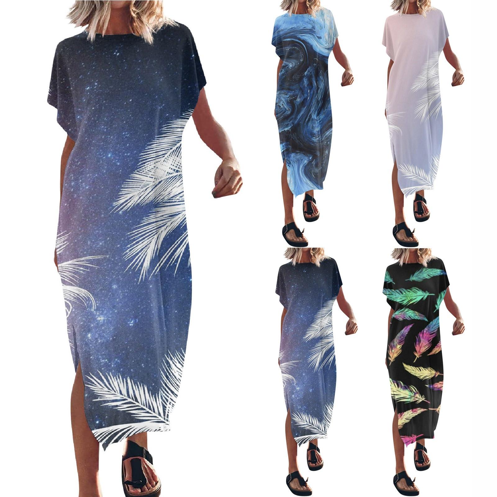 

(Куниде) Женское летнее повседневное модное платье с коротким рукавом и круглым вырезом с разрезом и цветочным принтом