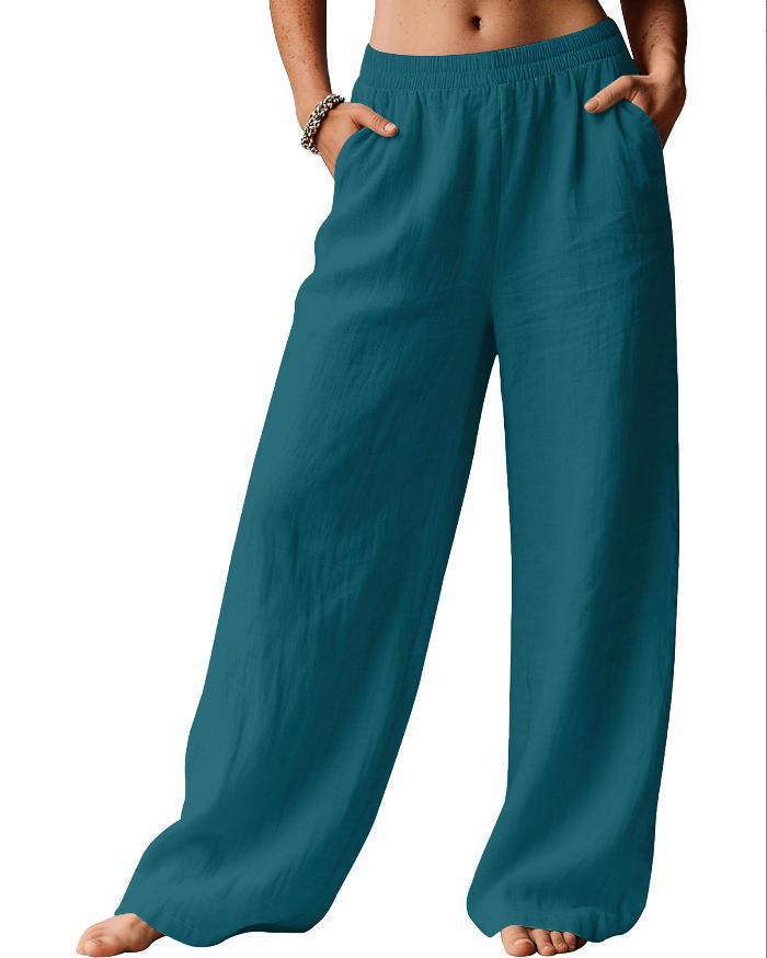 European American Women s Cotton Linen Elastic Waist Casual Pants Large павлин голубой