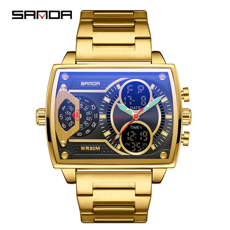 Sanda Herren Multi-Zonen Dual-Display Stahlband Uhr mit EL-Hintergrundbeleuchtung