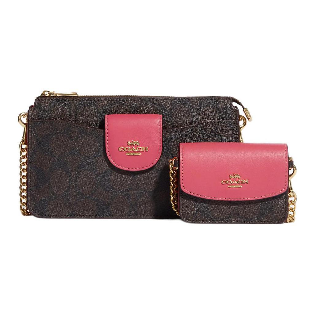 New COACH Cow Leather With PVC Combo Bag, Shoulder Bag, Crossbody Bag Women's Brown & Watermelon Red C3328-IMUOE